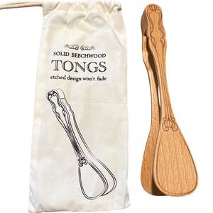 Solid Beechwood Kitchen Tongs Etched Design Serving Utensil with Storage Bag New
